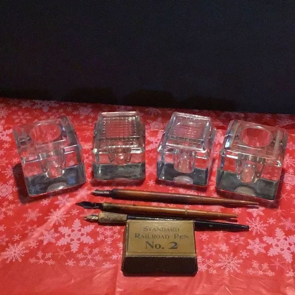 4 vintage ink wells 3 vintage, calligraphy, pens of railroad pen tips